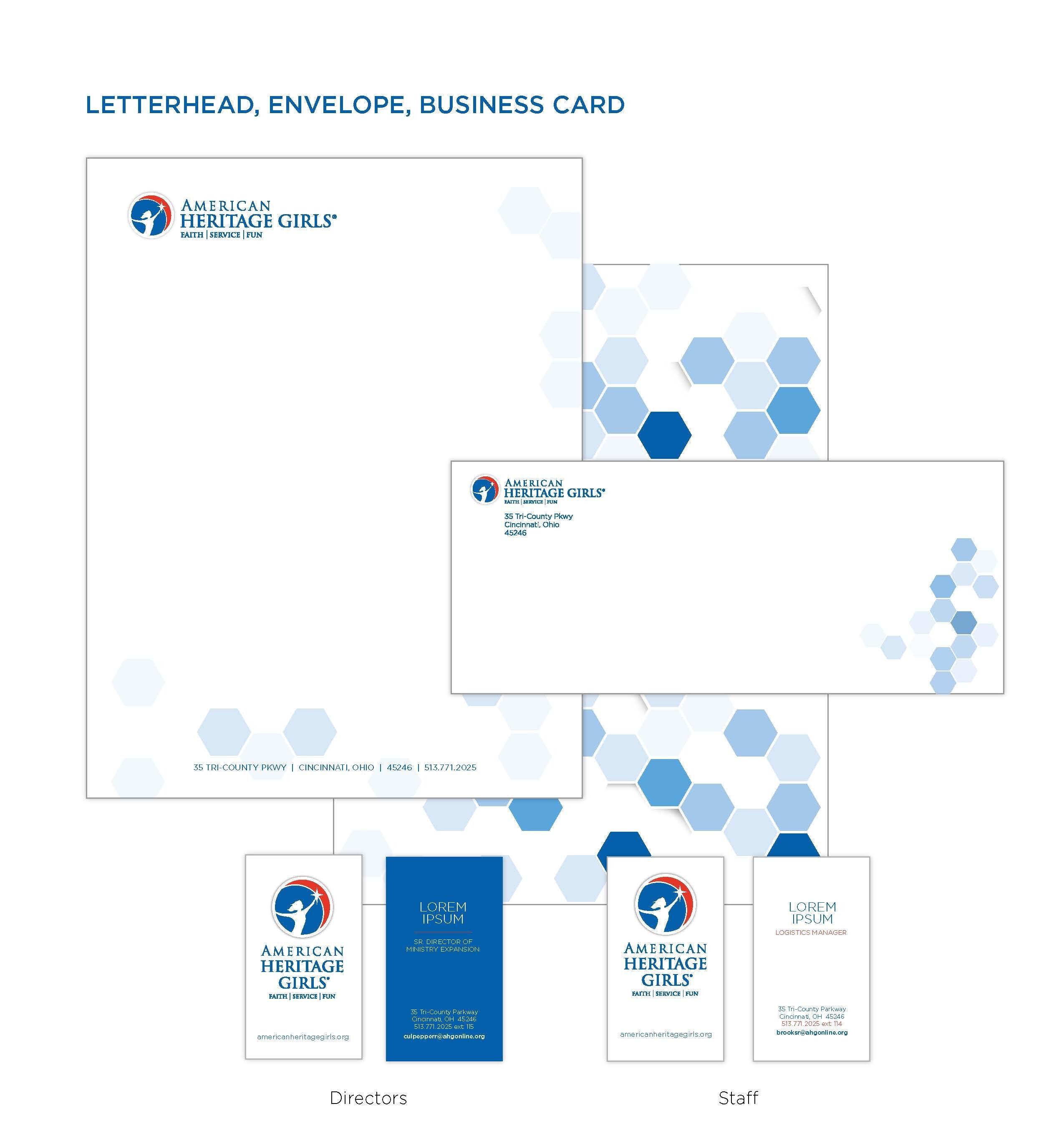 AHG stationery suite: letterhead, envelope, and business cards